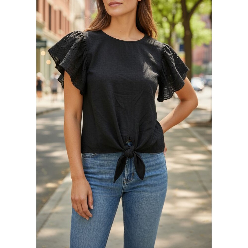 Miami Women's S Black Eyelet Flutter Sleeve Front Tie Cotton Blouse Top